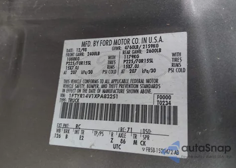 1999 Ford Ranger Xl/Xlt из США, поврежденный, VIN 1FTYR14V1XPA83251